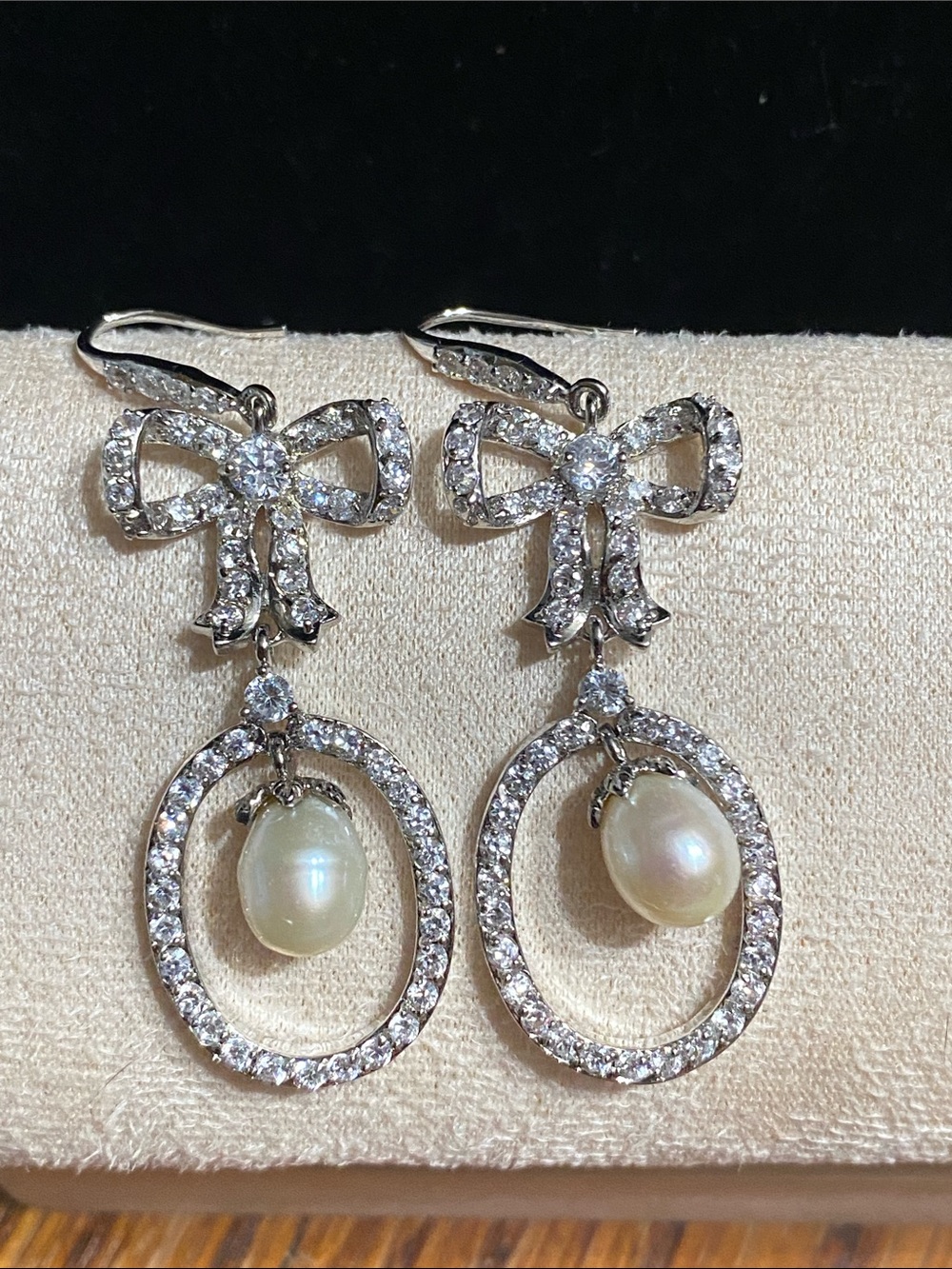 Sterling Silver Pearl & Crystal Bow Drop Earrings